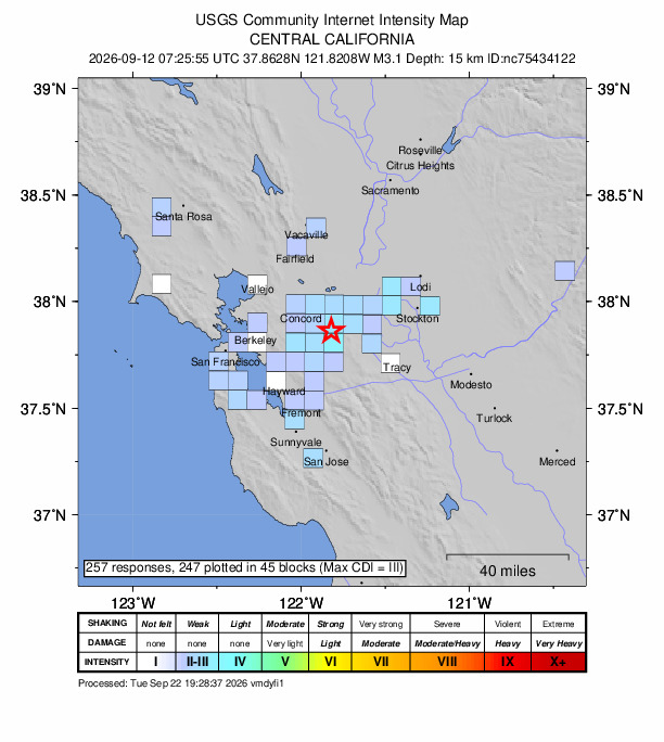 USGS DYFI community-reported intensity map for the M3.1 earthquake near 9 km ENE of Blackhawk, CA