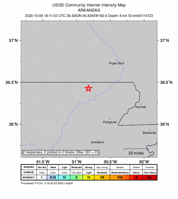 USGS DYFI community-reported intensity map for the M2.6 earthquake near 6 km E of Maynard, Arkansas
