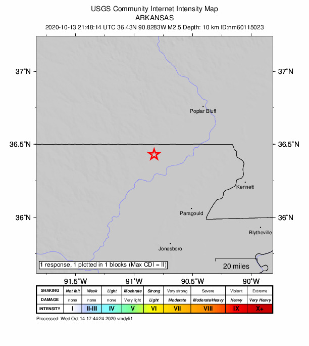USGS DYFI community-reported intensity map for the M2.5 earthquake near 6 km E of Maynard, Arkansas