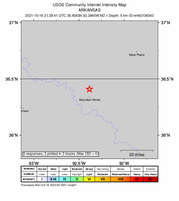 USGS DYFI community-reported intensity map for the M2.1 earthquake near 7 km ENE of Midway, Arkansas