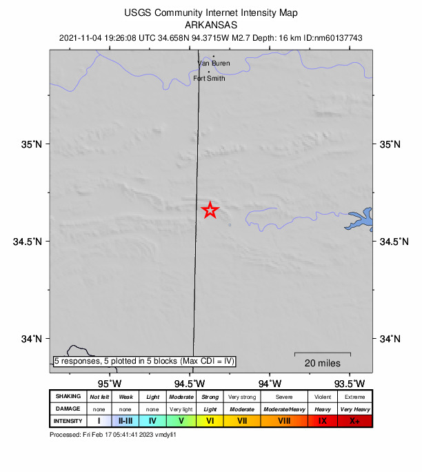 USGS DYFI community-reported intensity map for the M2.7 earthquake near 14 km WNW of Mena, Arkansas
