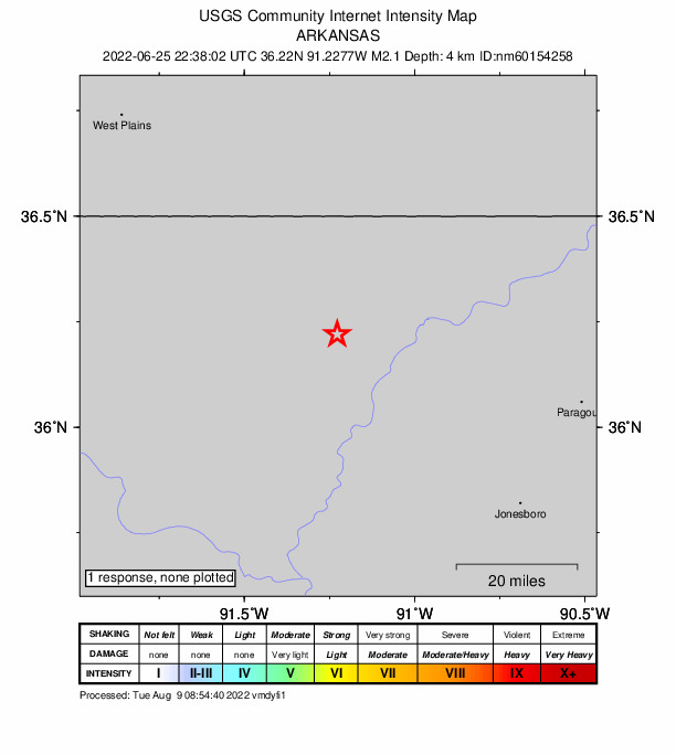 USGS DYFI community-reported intensity map for the M2.1 earthquake near 2 km SE of Ravenden, Arkansas