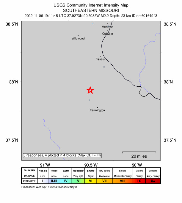 USGS DYFI community-reported intensity map for the M2.2 earthquake near 4 km E of Bonne Terre, Missouri