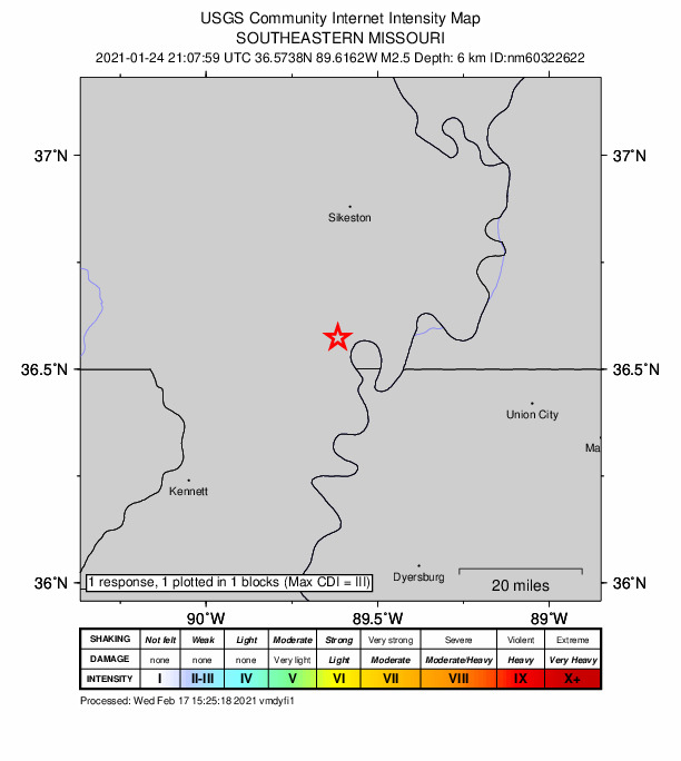 USGS DYFI community-reported intensity map for the M2.5 earthquake near 1 km WNW of Howardville, Missouri