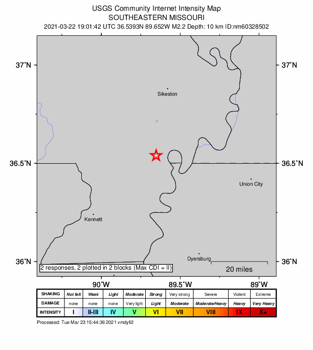 USGS DYFI community-reported intensity map for the M2.2 earthquake near 4 km WNW of Marston, Missouri
