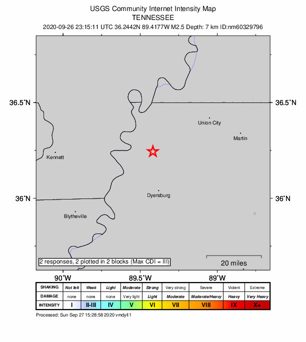 USGS DYFI community-reported intensity map for the M2.5 earthquake near 6 km ESE of Ridgely, Tennessee