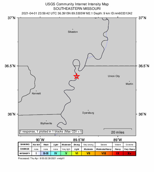 USGS DYFI community-reported intensity map for the M2.1 earthquake near 5 km WNW of Tiptonville, Tennessee