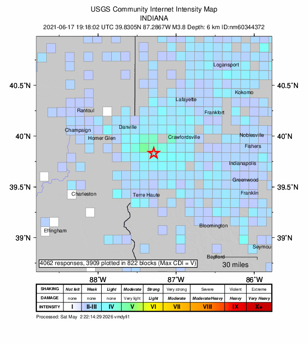 USGS DYFI community-reported intensity map for the M3.8 earthquake near Illinois-Indiana border region