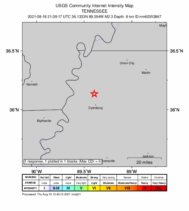 USGS DYFI community-reported intensity map for the M2.3 earthquake near 10 km N of Dyersburg, Tennessee