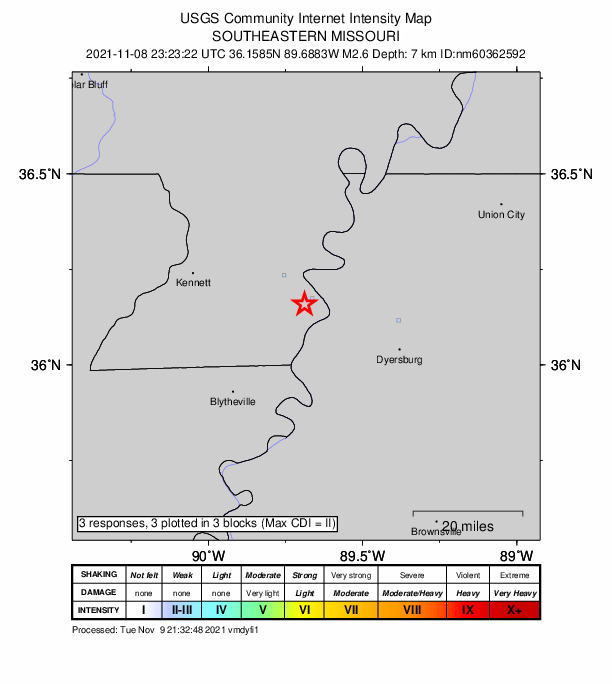 USGS DYFI community-reported intensity map for the M2.6 earthquake near 4 km SW of Caruthersville, Missouri
