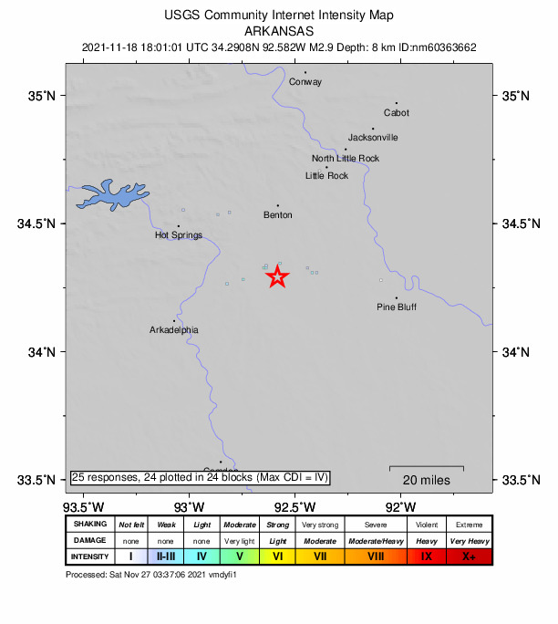 USGS DYFI community-reported intensity map for the M2.9 earthquake near 3 km SW of Prattsville, Arkansas