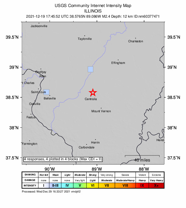 USGS DYFI community-reported intensity map for the M2.4 earthquake near 3 km E of Junction City, Illinois