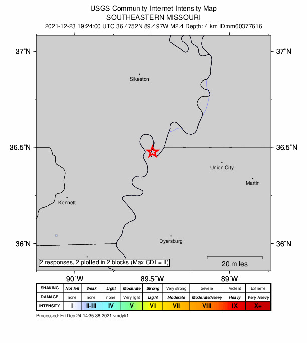 USGS DYFI community-reported intensity map for the M2.4 earthquake near 10 km NNW of Tiptonville, Tennessee