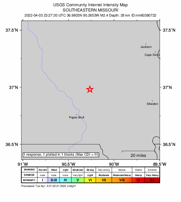 USGS DYFI community-reported intensity map for the M2.4 earthquake near southeastern Missouri