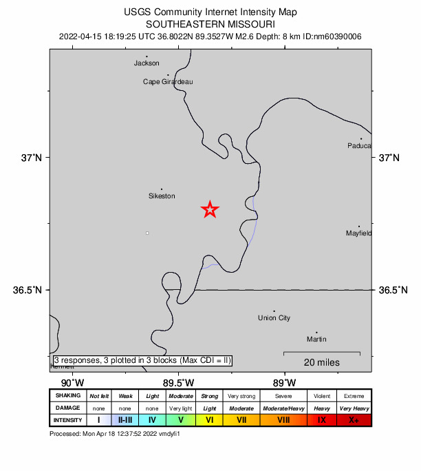 USGS DYFI community-reported intensity map for the M2.6 earthquake near 3 km SW of Anniston, Missouri