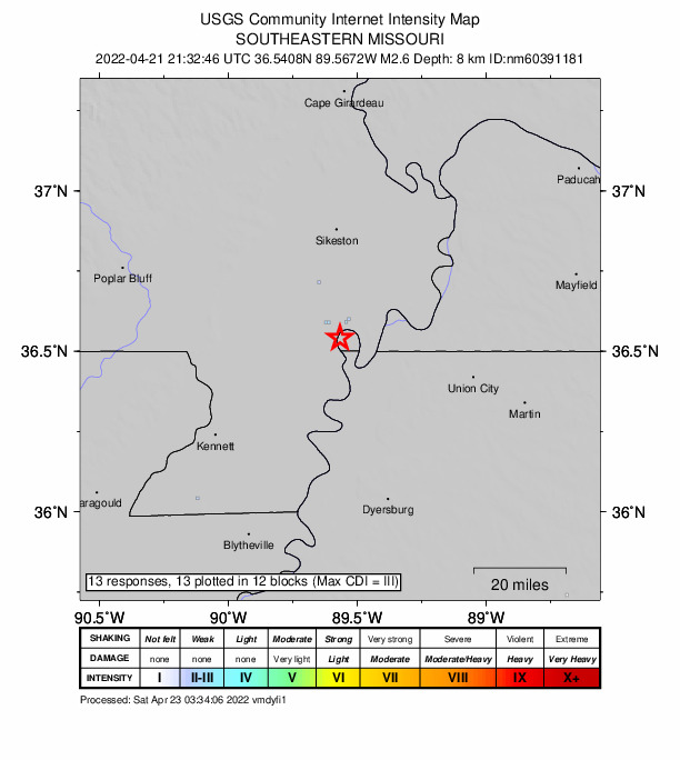 USGS DYFI community-reported intensity map for the M2.6 earthquake near 4 km SE of Howardville, Missouri