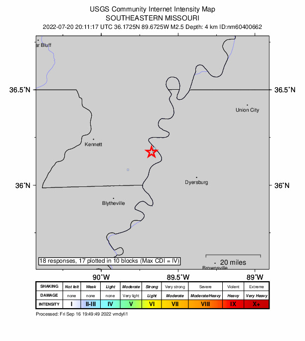 USGS DYFI community-reported intensity map for the M2.5 earthquake near 2 km SSW of Caruthersville, Missouri