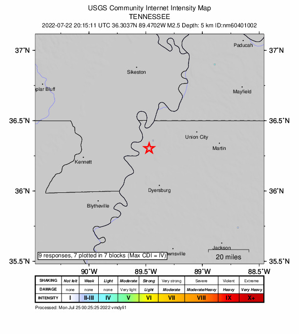 USGS DYFI community-reported intensity map for the M2.5 earthquake near 4 km NNE of Ridgely, Tennessee