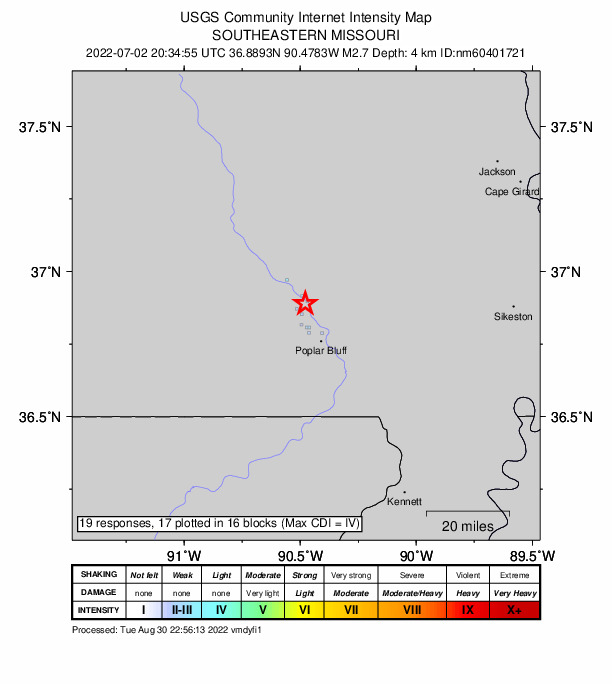 USGS DYFI community-reported intensity map for the M2.7 earthquake near 11 km SE of Williamsville, Missouri