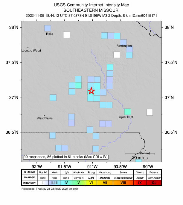 USGS DYFI community-reported intensity map for the M3.2 earthquake near 10 km N of Van Buren, Missouri