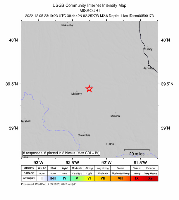 USGS DYFI community-reported intensity map for the M2.6 earthquake near 4 km SW of Madison, Missouri