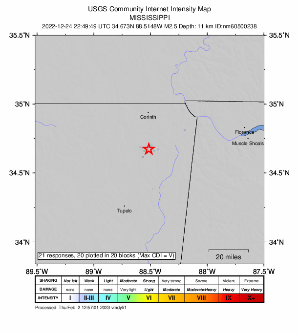 USGS DYFI community-reported intensity map for the M2.5 earthquake near 5 km ENE of Booneville, Mississippi
