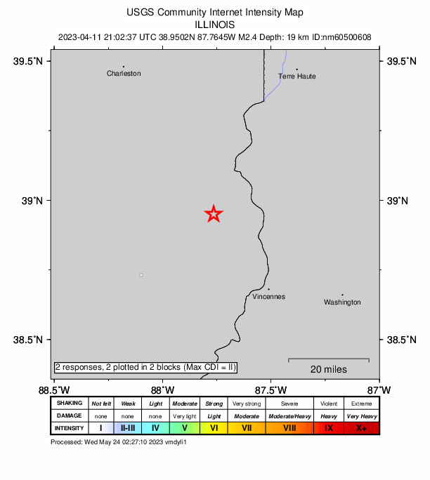 USGS DYFI community-reported intensity map for the M2.4 earthquake near 6 km SSW of Robinson, Illinois