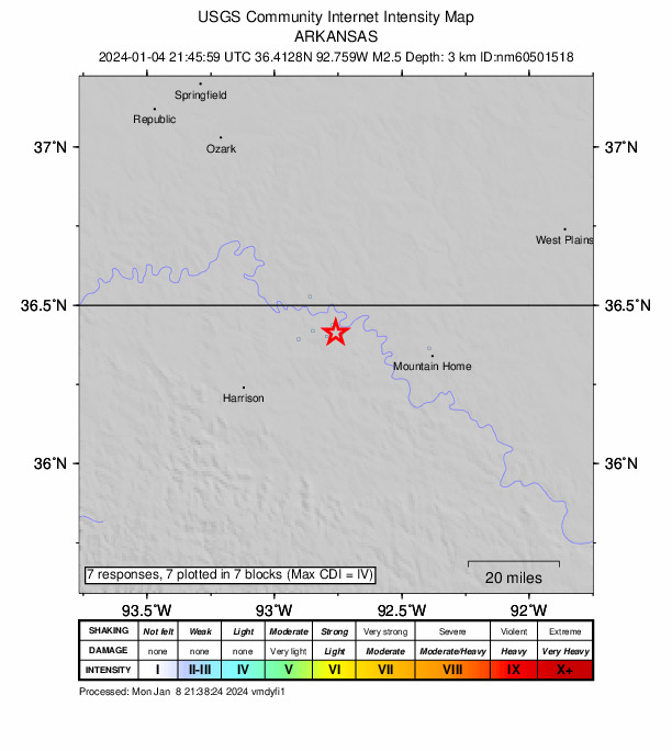USGS DYFI community-reported intensity map for the M2.5 earthquake near 13 km E of South Lead Hill, Arkansas