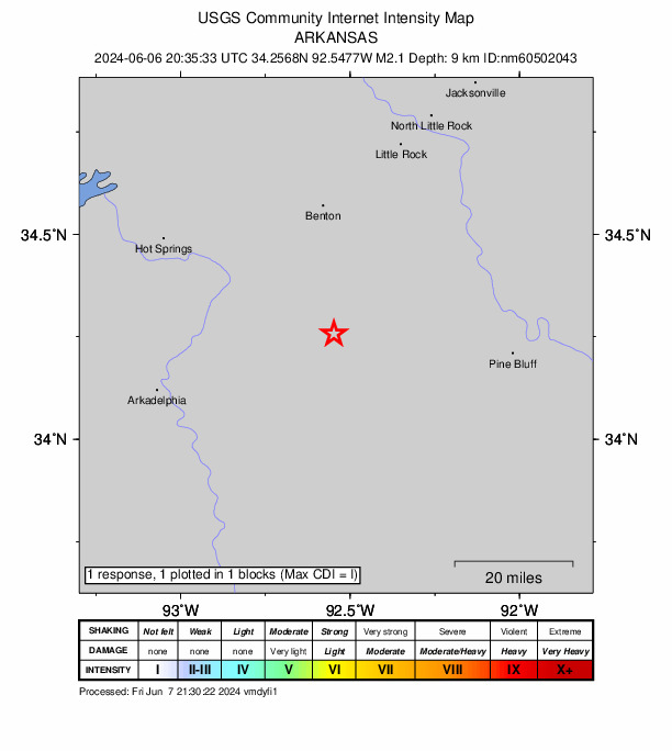USGS DYFI community-reported intensity map for the M2.1 earthquake near 6 km S of Prattsville, Arkansas