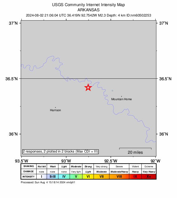 USGS DYFI community-reported intensity map for the M2.3 earthquake near 14 km E of South Lead Hill, Arkansas
