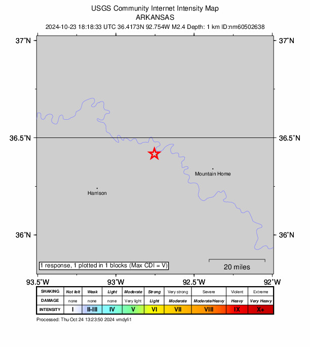 USGS DYFI community-reported intensity map for the M2.4 earthquake near 14 km E of South Lead Hill, Arkansas