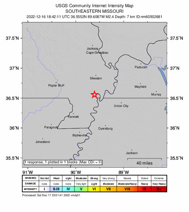 USGS DYFI community-reported intensity map for the M2.4 earthquake near southeastern Missouri