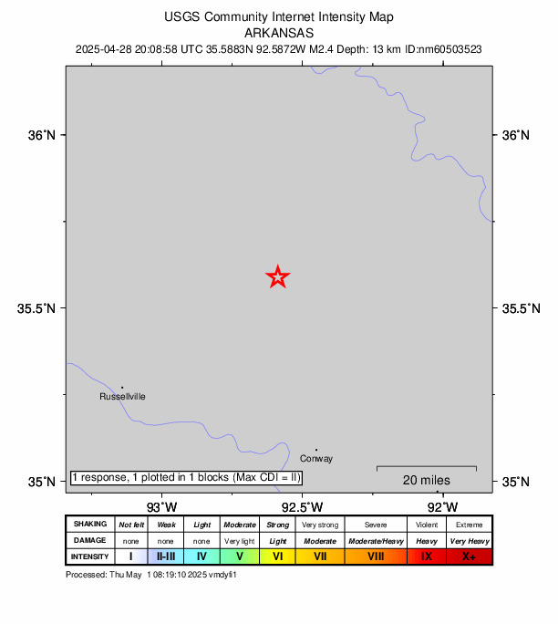 USGS DYFI community-reported intensity map for the M2.4 earthquake near 11 km W of Clinton, Arkansas