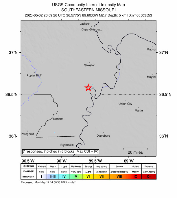 USGS DYFI community-reported intensity map for the M2.7 earthquake near 1 km NNW of Howardville, Missouri