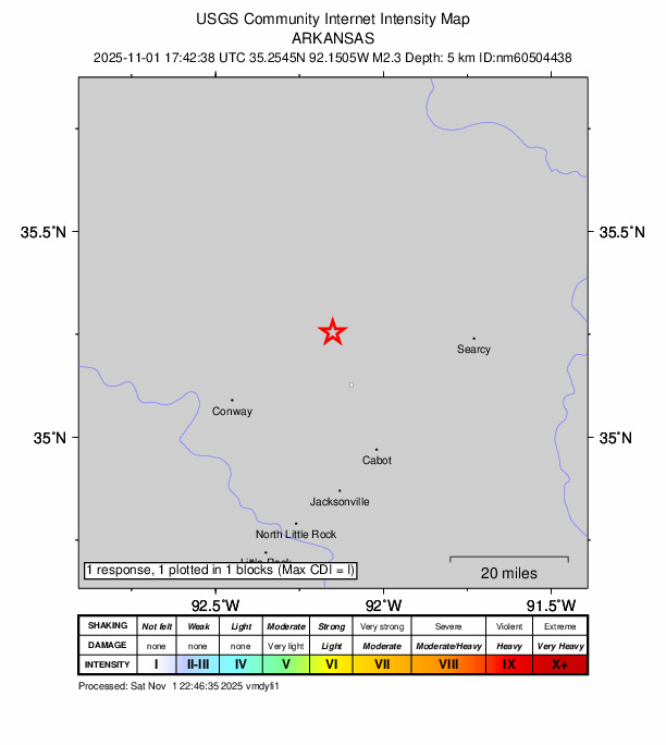 USGS DYFI community-reported intensity map for the M2.3 earthquake near 3 km NW of Mount Vernon, Arkansas