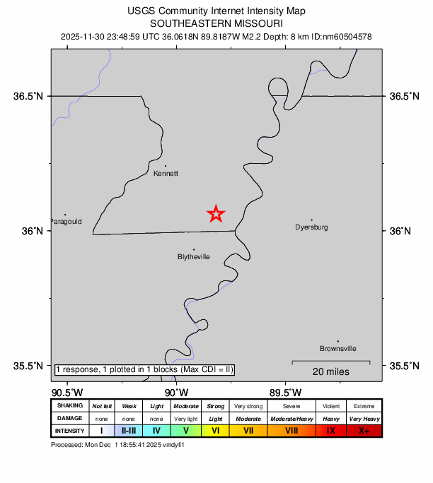 USGS DYFI community-reported intensity map for the M2.2 earthquake near 1 km NNW of Cooter, Missouri