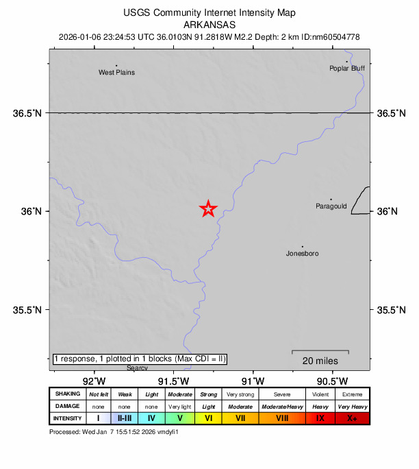 USGS DYFI community-reported intensity map for the M2.2 earthquake near 2 km W of Lynn, Arkansas