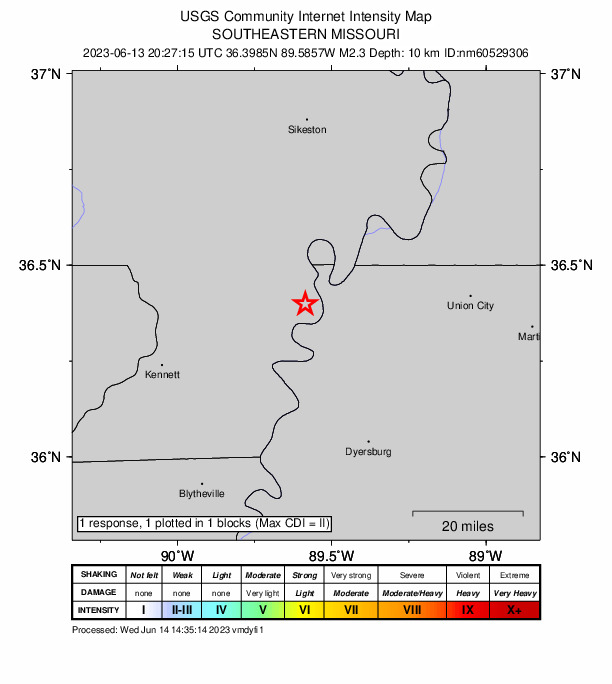 USGS DYFI community-reported intensity map for the M2.3 earthquake near 7 km E of Hayward, Missouri
