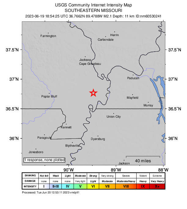 USGS DYFI community-reported intensity map for the M2.1 earthquake near 8 km W of East Prairie, Missouri