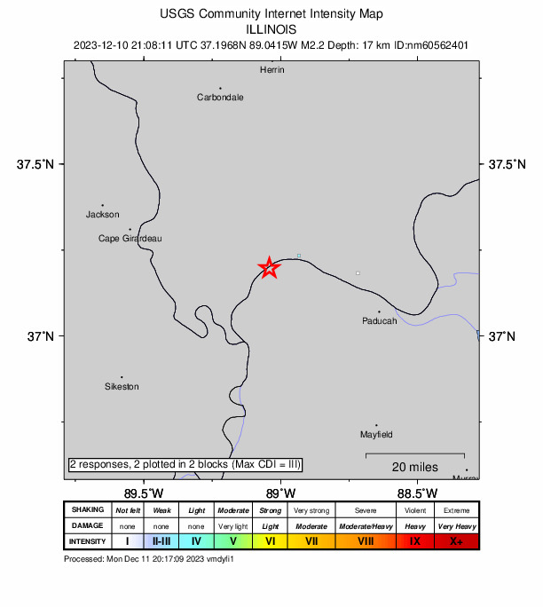 USGS DYFI community-reported intensity map for the M2.2 earthquake near 4 km ENE of Olmsted, Illinois