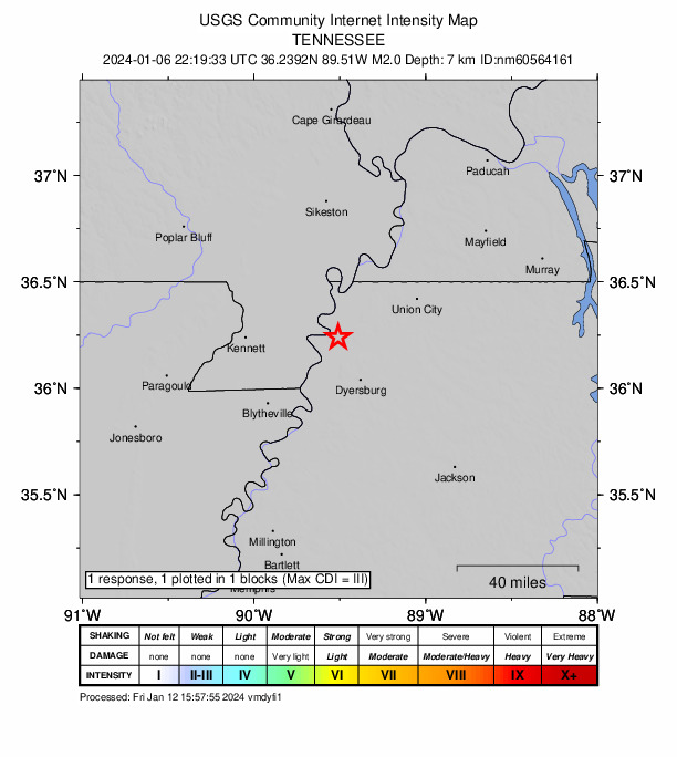 USGS DYFI community-reported intensity map for the M2.0 earthquake near 3 km SW of Ridgely, Tennessee