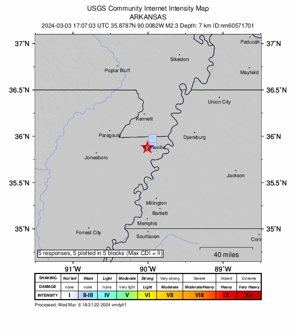 USGS DYFI community-reported intensity map for the M2.3 earthquake near 3 km NE of Dell, Arkansas