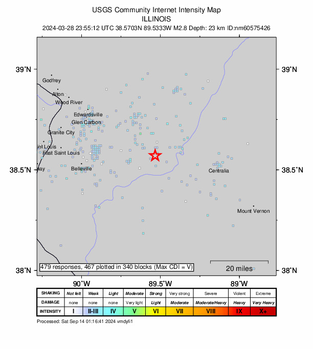 USGS DYFI community-reported intensity map for the M2.8 earthquake near 1 km NNE of Germantown, Illinois