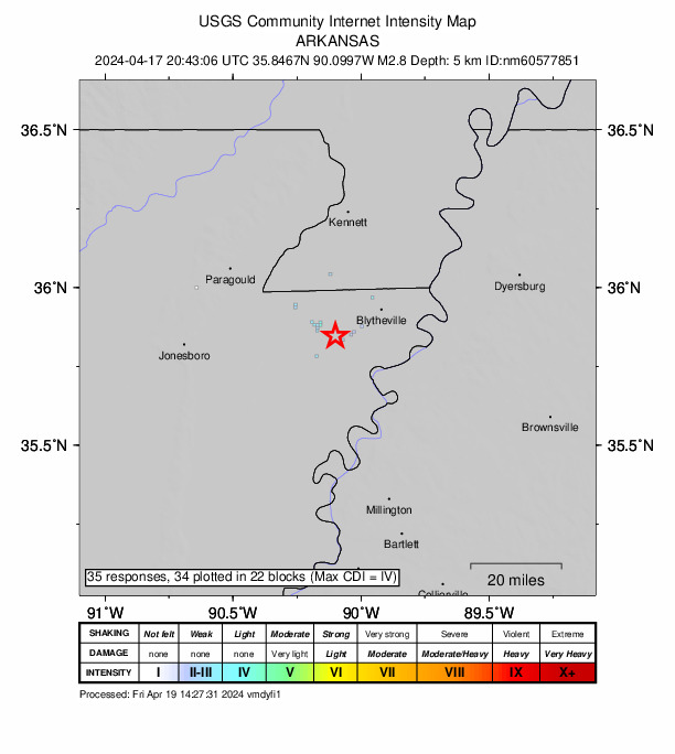 USGS DYFI community-reported intensity map for the M2.8 earthquake near 5 km W of Dell, Arkansas