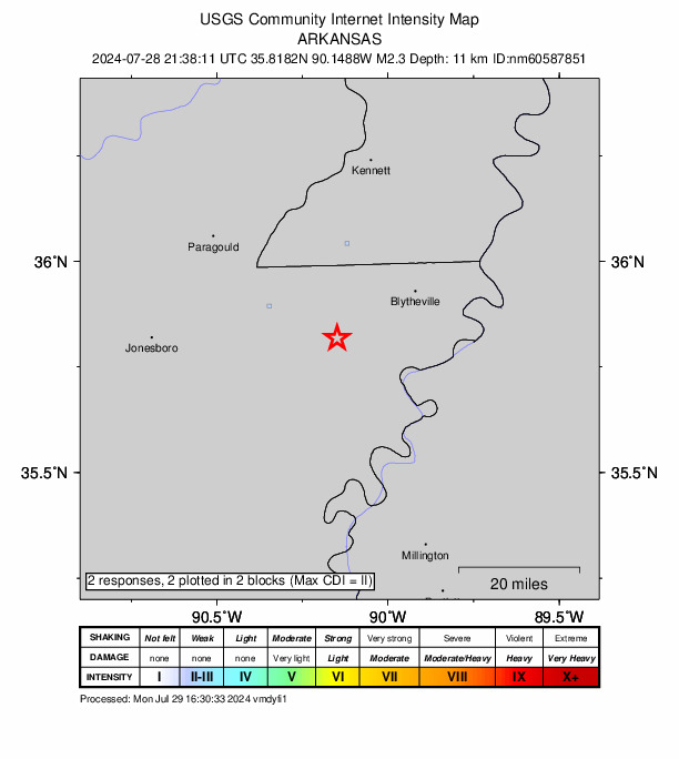 USGS DYFI community-reported intensity map for the M2.3 earthquake near 7 km SSE of Manila, Arkansas