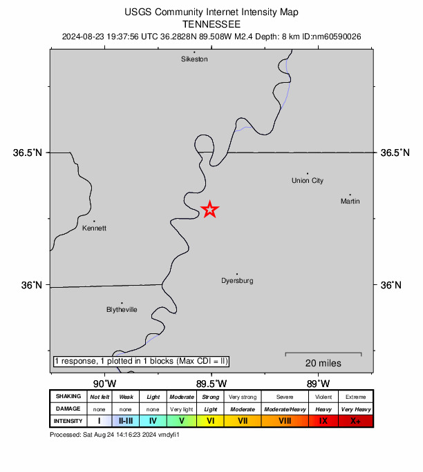 USGS DYFI community-reported intensity map for the M2.4 earthquake near 2 km NW of Ridgely, Tennessee