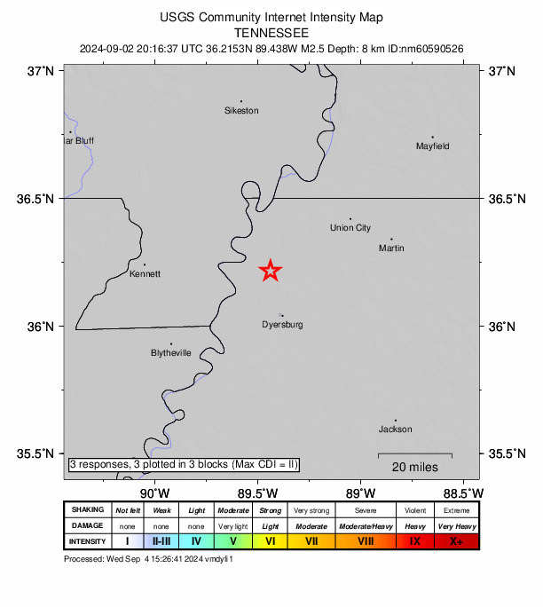 USGS DYFI community-reported intensity map for the M2.5 earthquake near 6 km SE of Ridgely, Tennessee