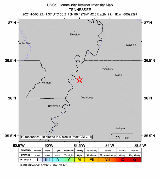 USGS DYFI community-reported intensity map for the M2.5 earthquake near 2 km SSW of Ridgely, Tennessee