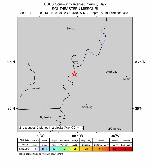 USGS DYFI community-reported intensity map for the M2.2 earthquake near 6 km W of Tiptonville, Tennessee