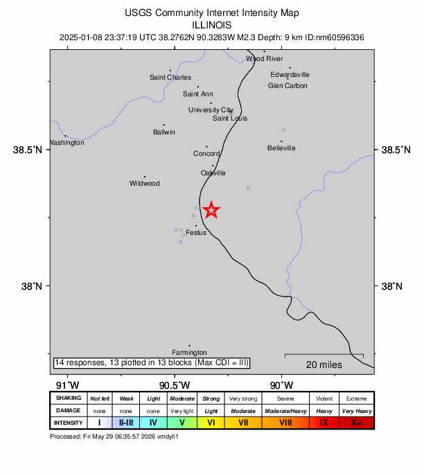 USGS DYFI community-reported intensity map for the M2.3 earthquake near 4 km E of Herculaneum, Missouri